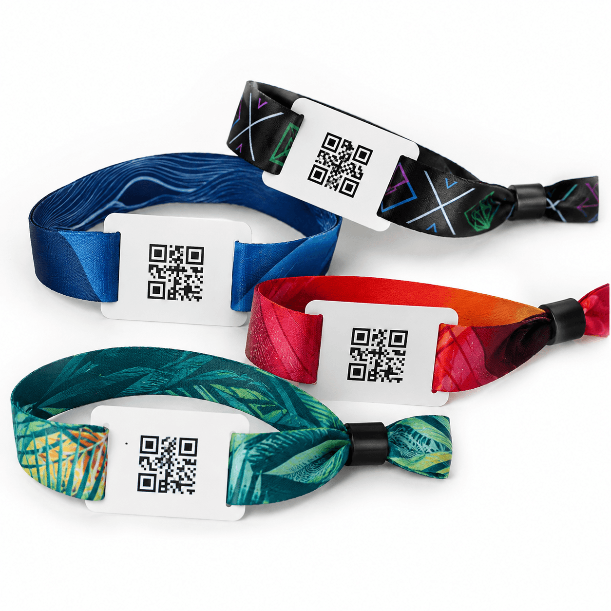 Four colorful fabric event wristbands with individual QR codes
