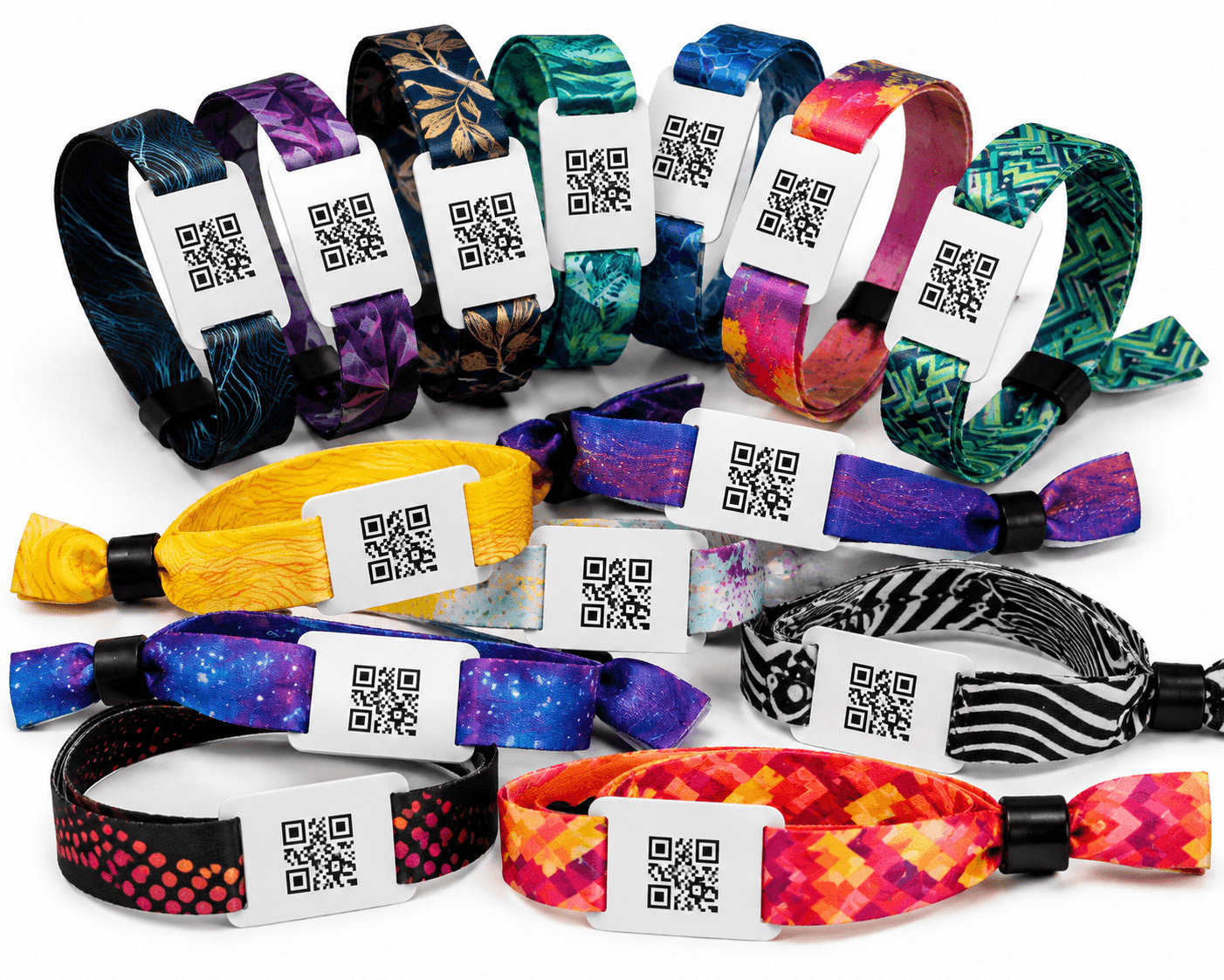 A varied collection of colorful custom fabric wristbands with individual QR code plates