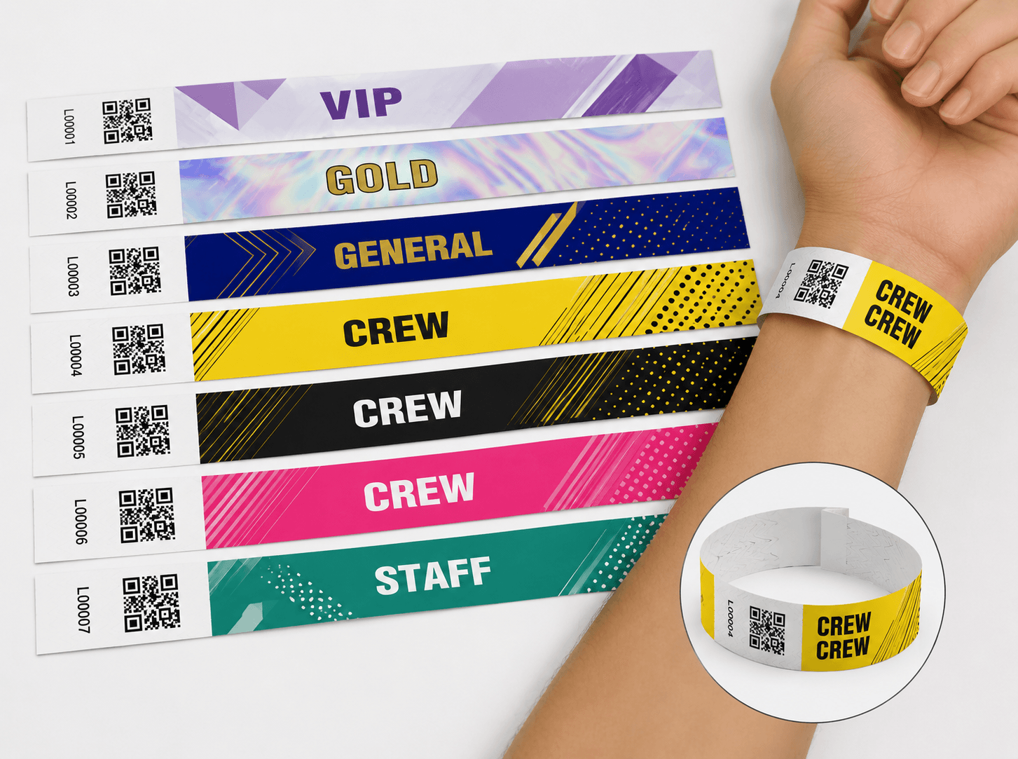 Color-coded paper event wristbands for VIP, general, crew, and staff access, each with a unique QR code